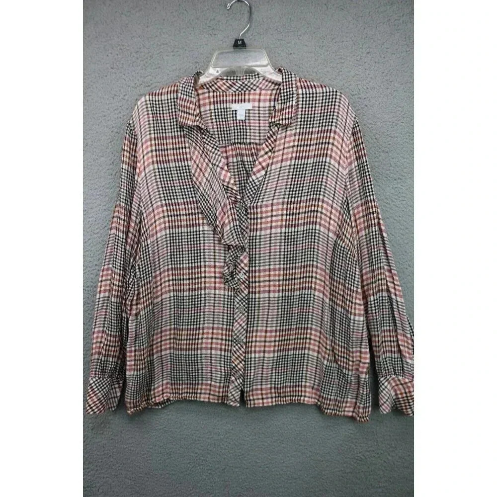 J. Jill Ruffle Button Up Long Sleeve Plaid‎ Blouse-Size XL-100% Rayon